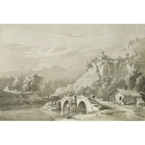 An Extensive Mountainous Landscape with Travellers on a Bridge by a Cottage, a Town seen beyond